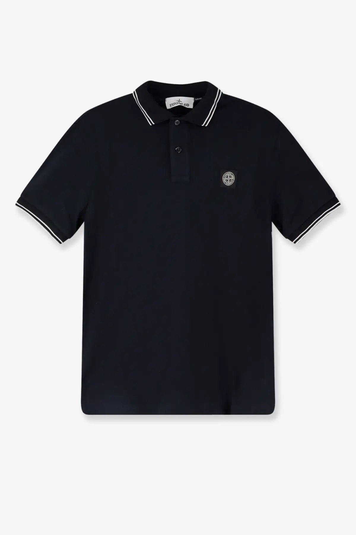 Stone Island men’s black short-sleeved organic cotton polo shirt with white trim and small embroidered logo on chest