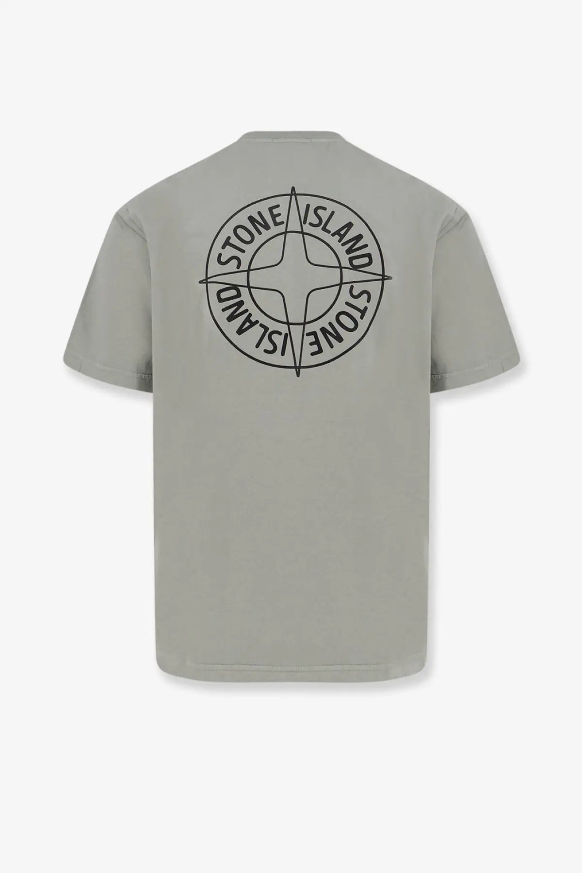 Stone island men’s gray organic cotton t-shirt with black compass rose logo and stone island text encircling it