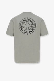 Stone island men’s gray organic cotton t-shirt with black compass rose logo and stone island text encircling it