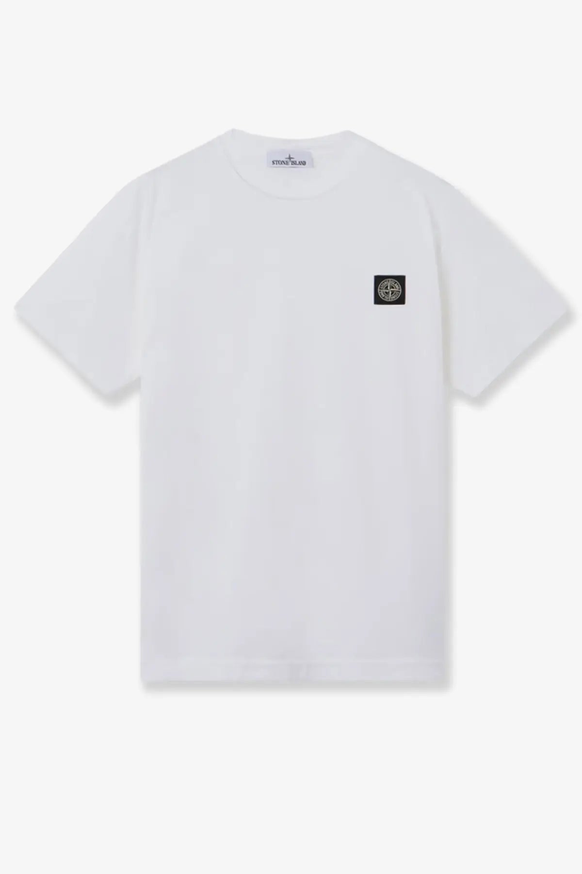 Stone island men’s organic cotton white t-shirt with black square logo patch on left chest
