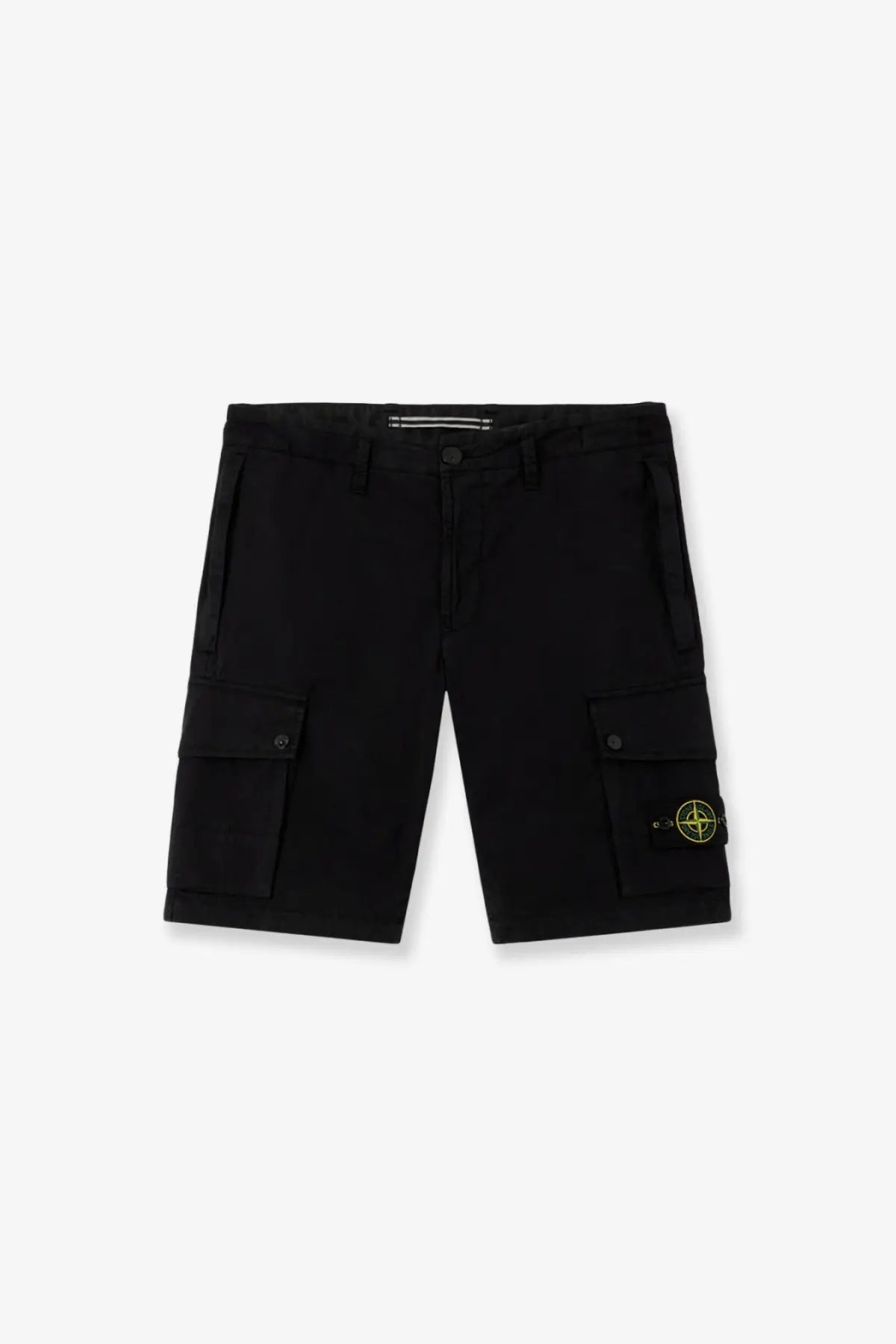 Stone island men’s organic cotton black cargo shorts with a distinctive yellow logo patch on the left thigh