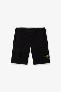 Stone island men’s organic cotton black cargo shorts with a distinctive yellow logo patch on the left thigh