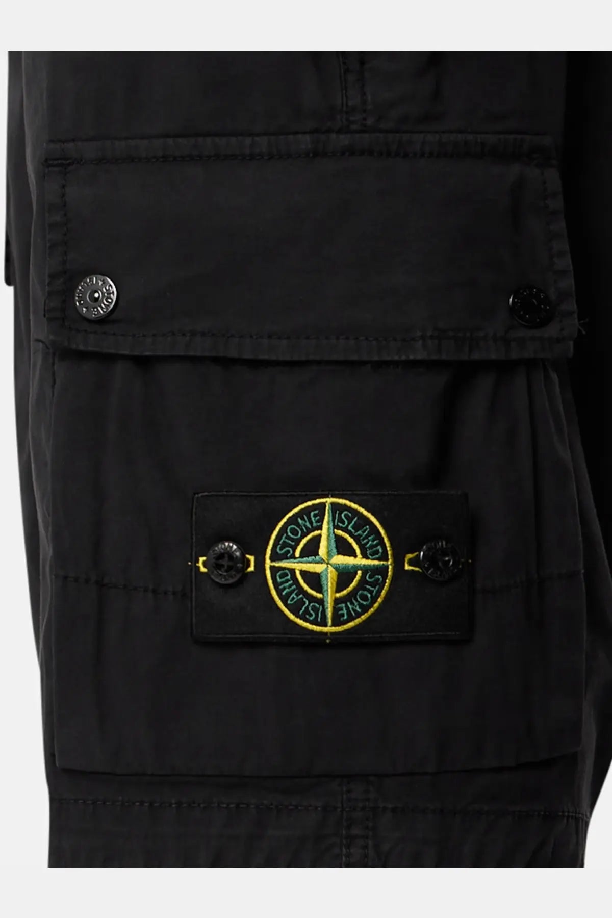 Stone Island men’s organic cotton black shorts with front pocket yellow and green embroidered compass logo patch