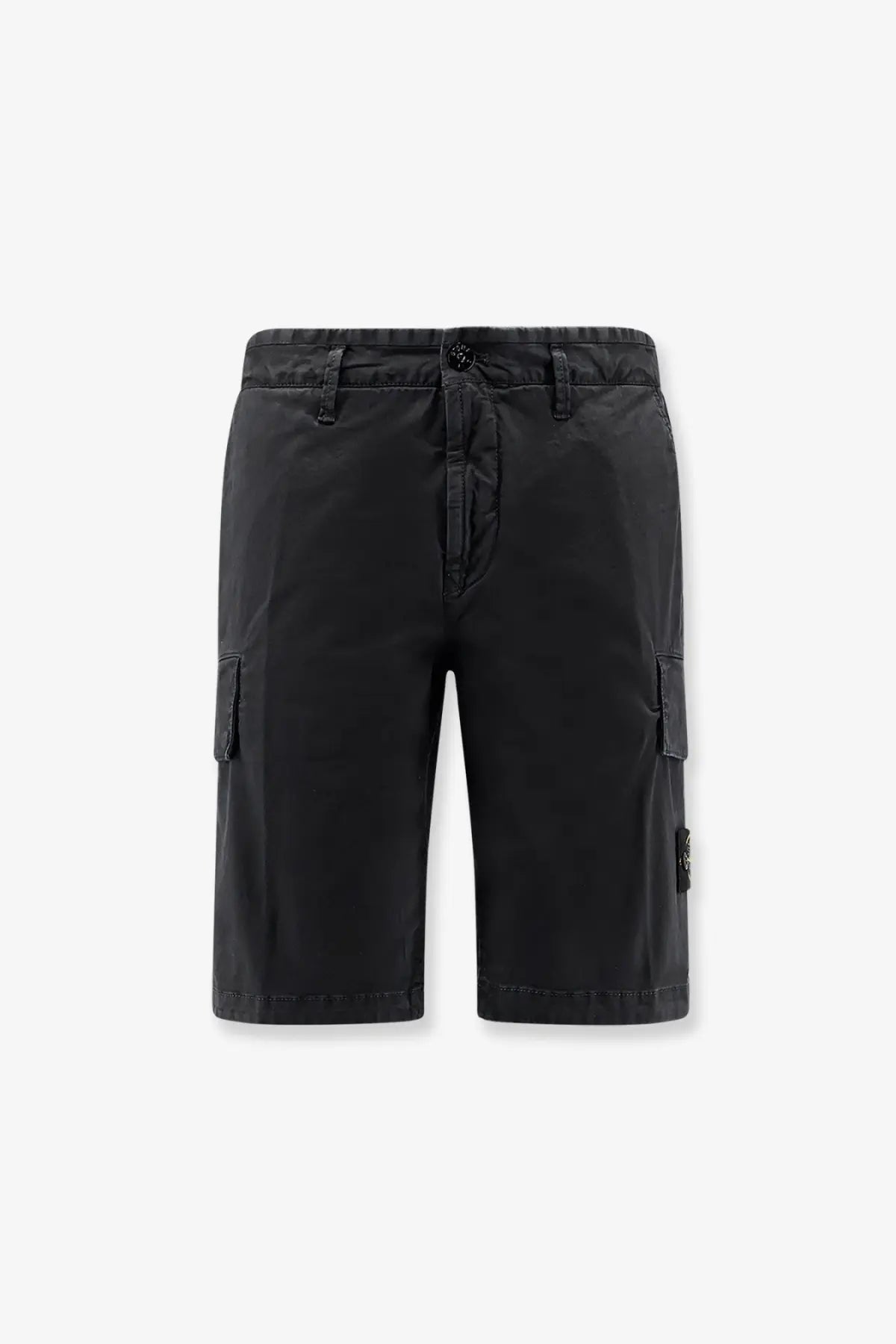 Stone Island men’s black cargo shorts with organic cotton, drawstring waistband, side pockets, and textured fabric finish