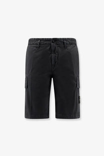 Stone Island men’s black cargo shorts with organic cotton, drawstring waistband, side pockets, and textured fabric finish