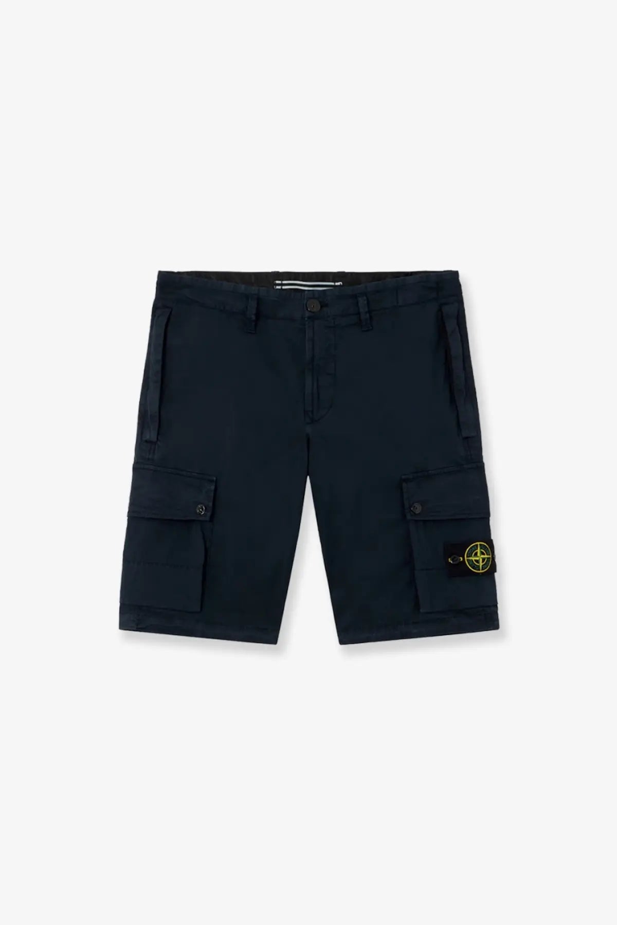 Stone island men’s organic cotton dark navy cargo shorts with yellow logo patch on lower right leg front view
