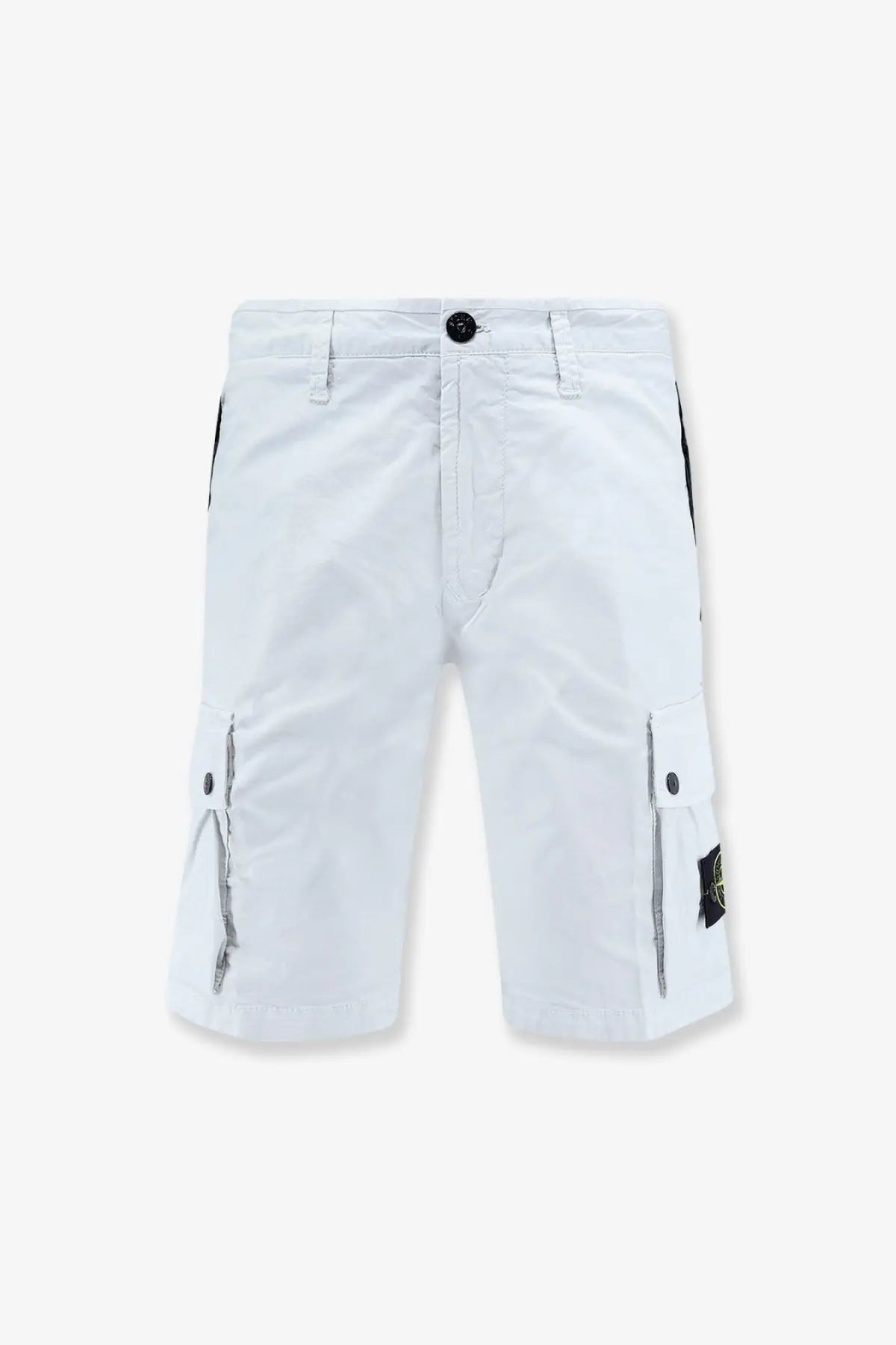 Stone Island men’s organic cotton white cargo shorts with black side panels and logo patch on the left leg