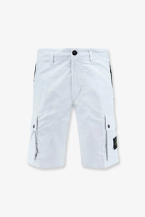 Stone Island men’s organic cotton white cargo shorts with black side panels and logo patch on the left leg