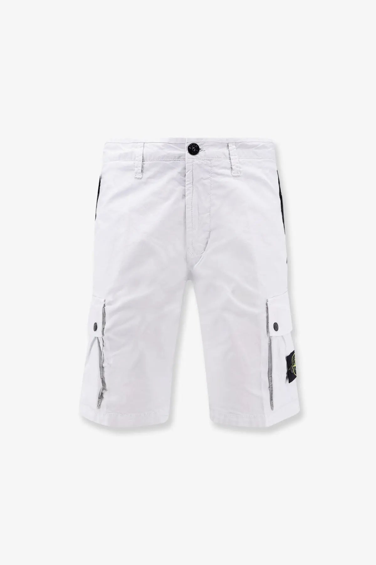 Stone island men’s organic cotton white cargo shorts with black side panels and logo patch on the thigh
