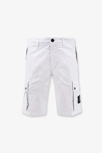 Stone island men’s organic cotton white cargo shorts with black side panels and logo patch on the thigh