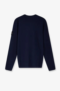 Stone Island men’s organic cotton sweater in dark navy blue with long sleeves and logo patch on left sleeve