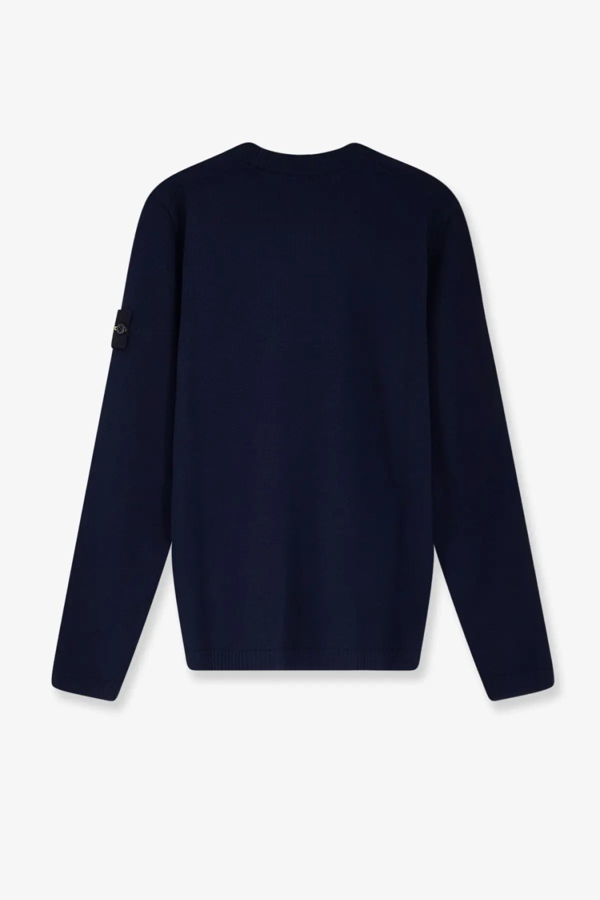 Stone Island men’s organic cotton dark navy blue knit sweater with ribbed hem cuffs and logo patch on left sleeve