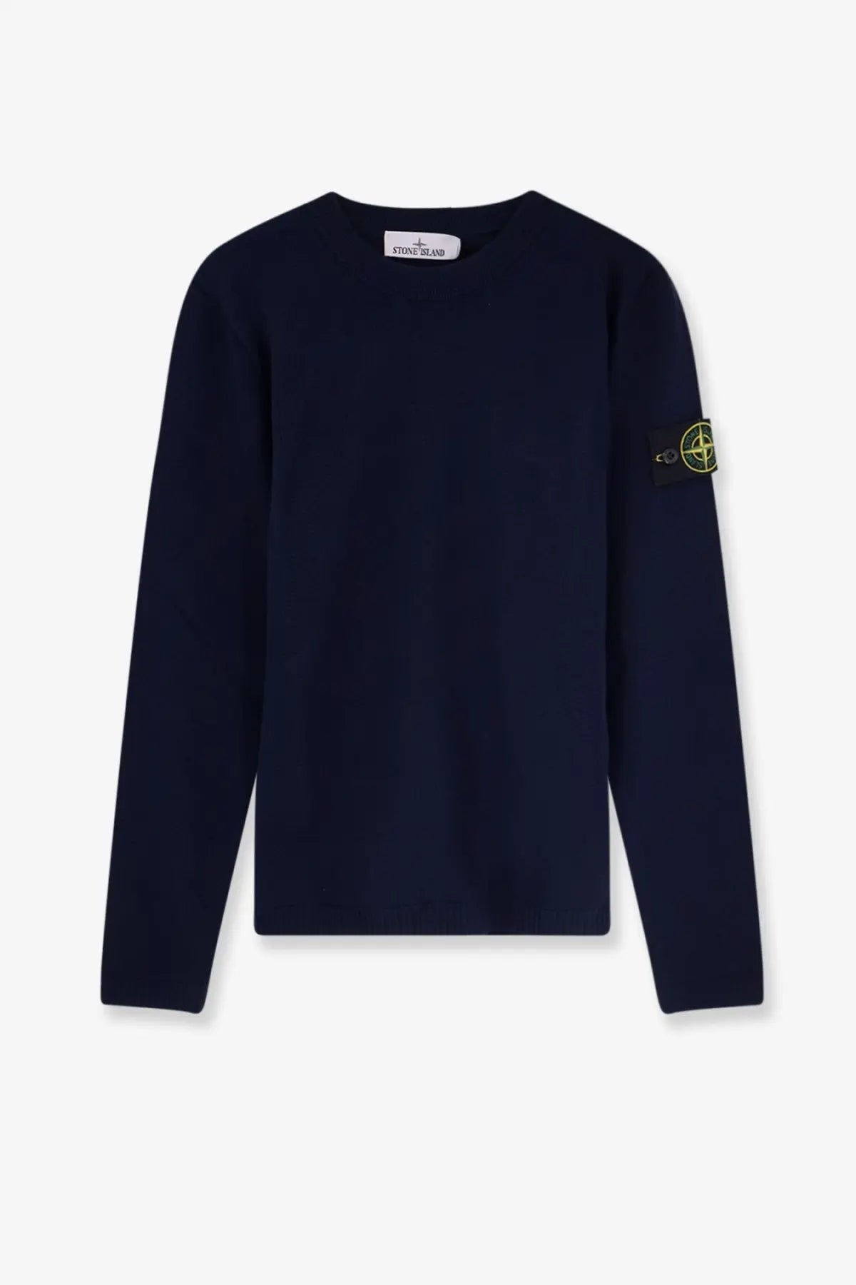 Stone Island men’s navy blue long-sleeved organic cotton sweater with yellow logo patch on left sleeve