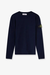 Stone Island men’s navy blue long-sleeved organic cotton sweater with yellow logo patch on left sleeve