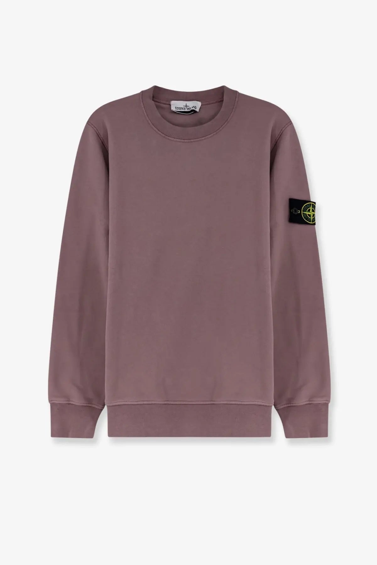 Stone island men’s organic cotton sweatshirt grey with muted mauve ribbed crew neck cuffs hem and signature black patch on sleeve