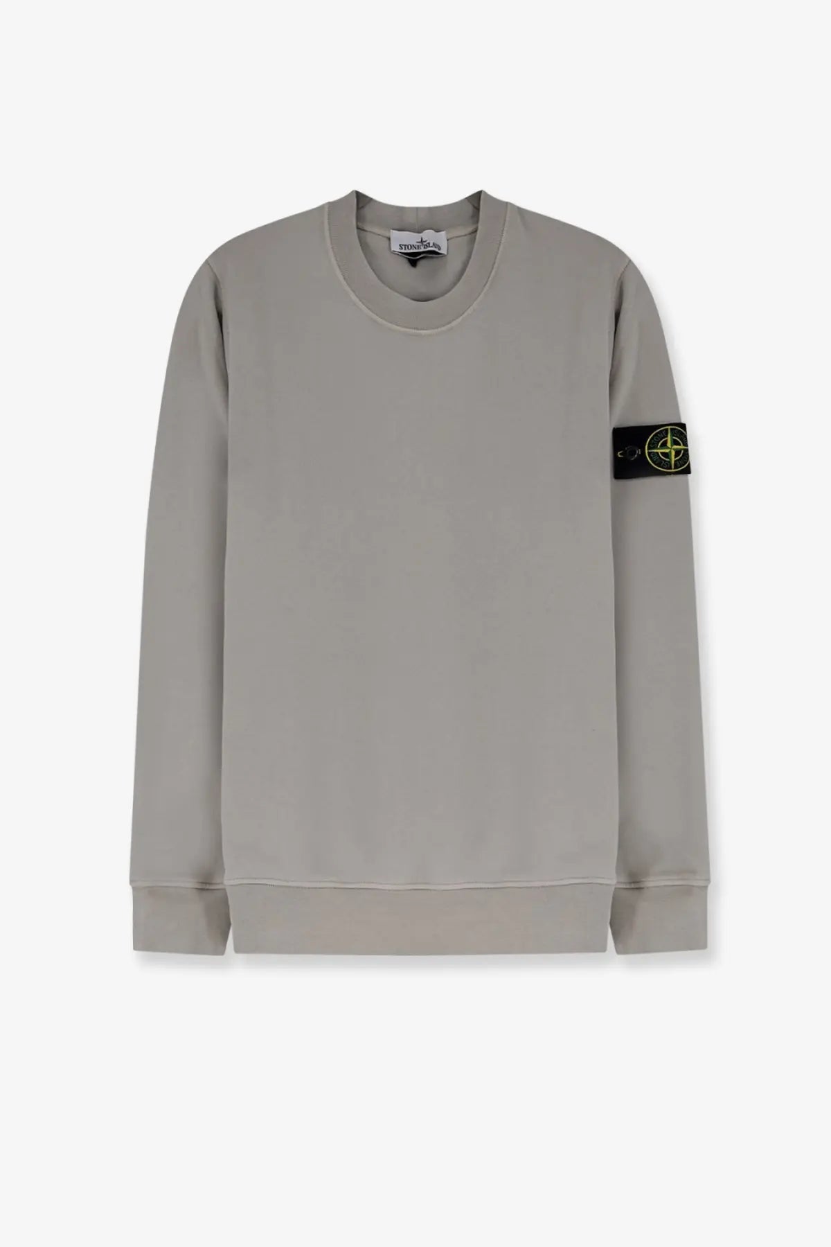 Stone Island men’s organic cotton gray sweatshirt with black sleeve patch and yellow compass logo