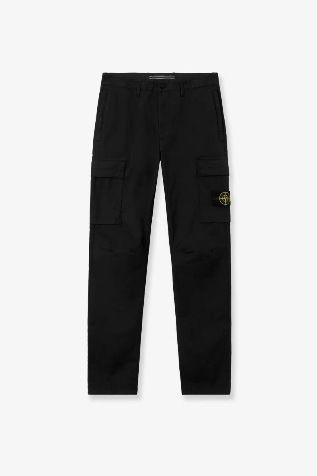 Stone Island men’s black organic cotton cargo pants with yellow logo patch on the left thigh