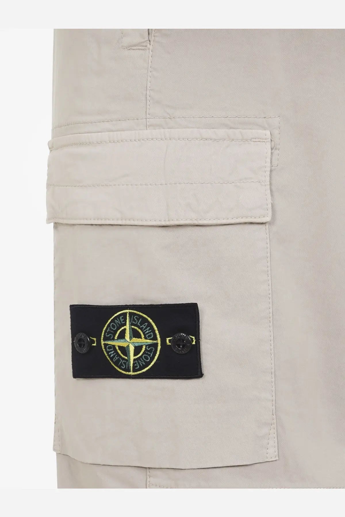 Stone Island men’s organic cotton beige cargo trousers with black patch yellow embroidery and silver buttons