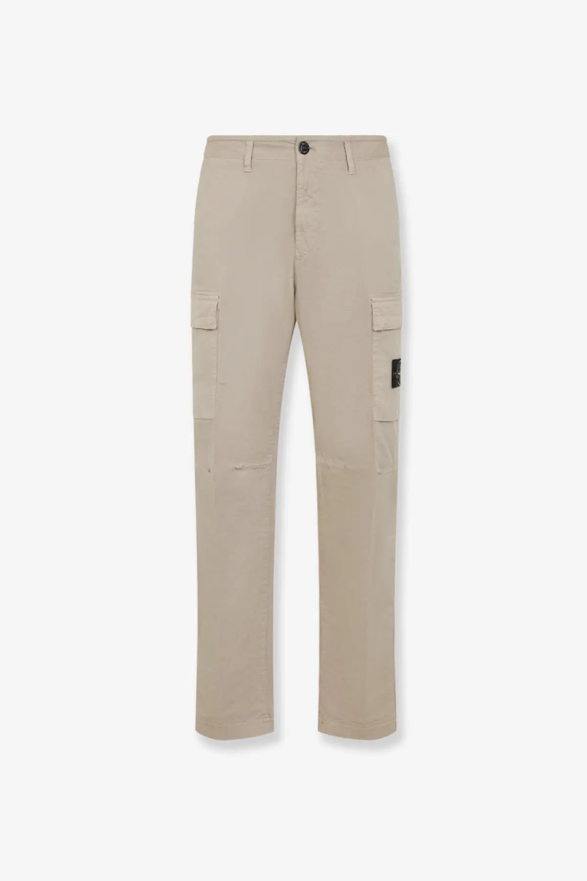 Stone Island men’s organic cotton beige cargo trousers with two side pockets and black brand patch on left thigh