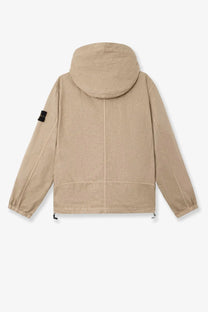 Stone island men’s beige organic look nylon panama tc jacket with hood and black logo patch on left sleeve