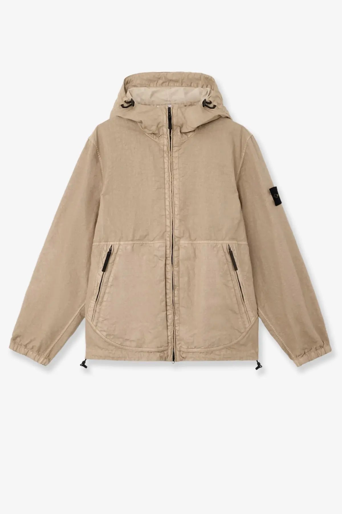 Stone island men’s beige hooded nylon panama jacket with black zipper accents and sleeve patch desert color