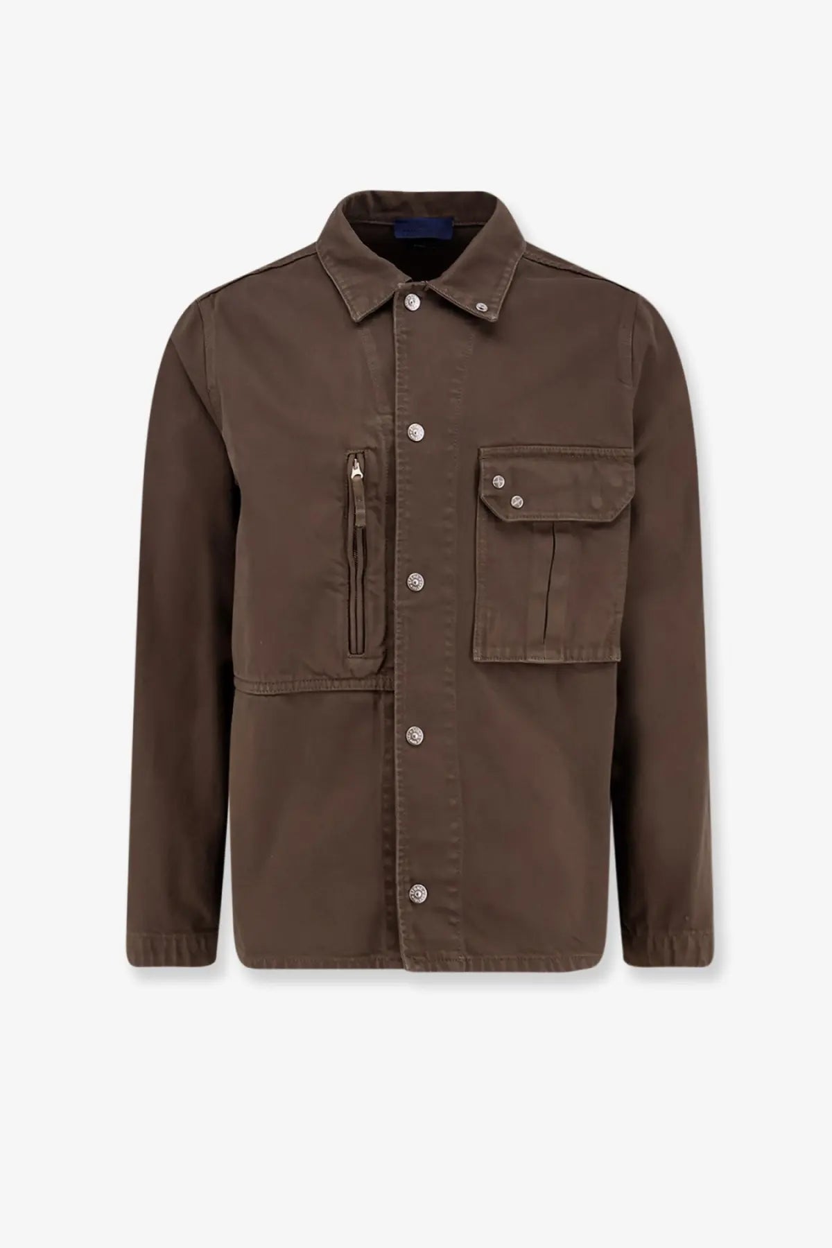 Stone island men’s overshirt cotton jacket umber in brown with silver toned buttons and a zipper pocket on the left side