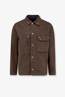 Stone island men’s overshirt cotton jacket umber in brown with silver toned buttons and a zipper pocket on the left side