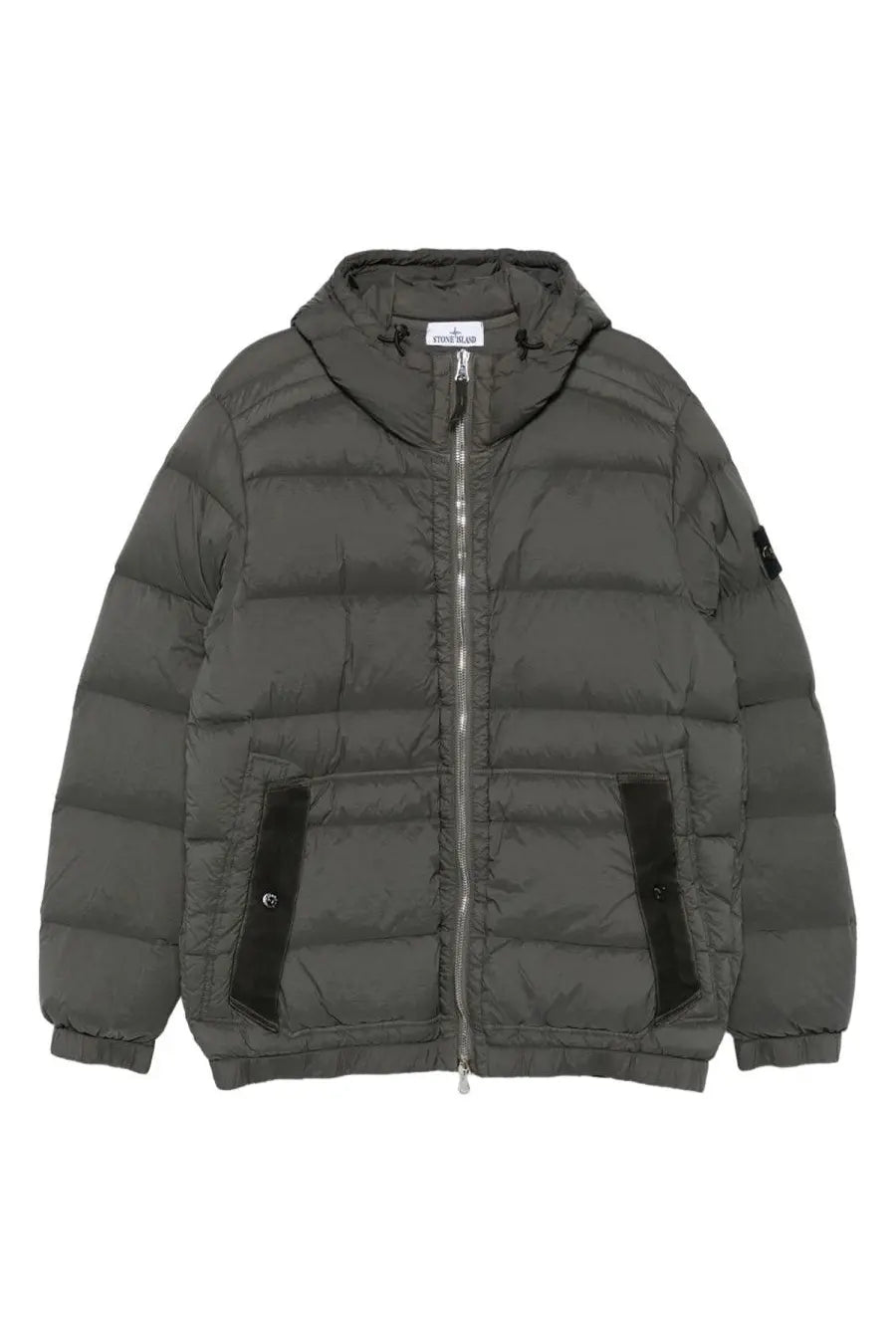 Stone island men’s grey padded down jacket with hood black fabric pocket accents and front zipper closure
