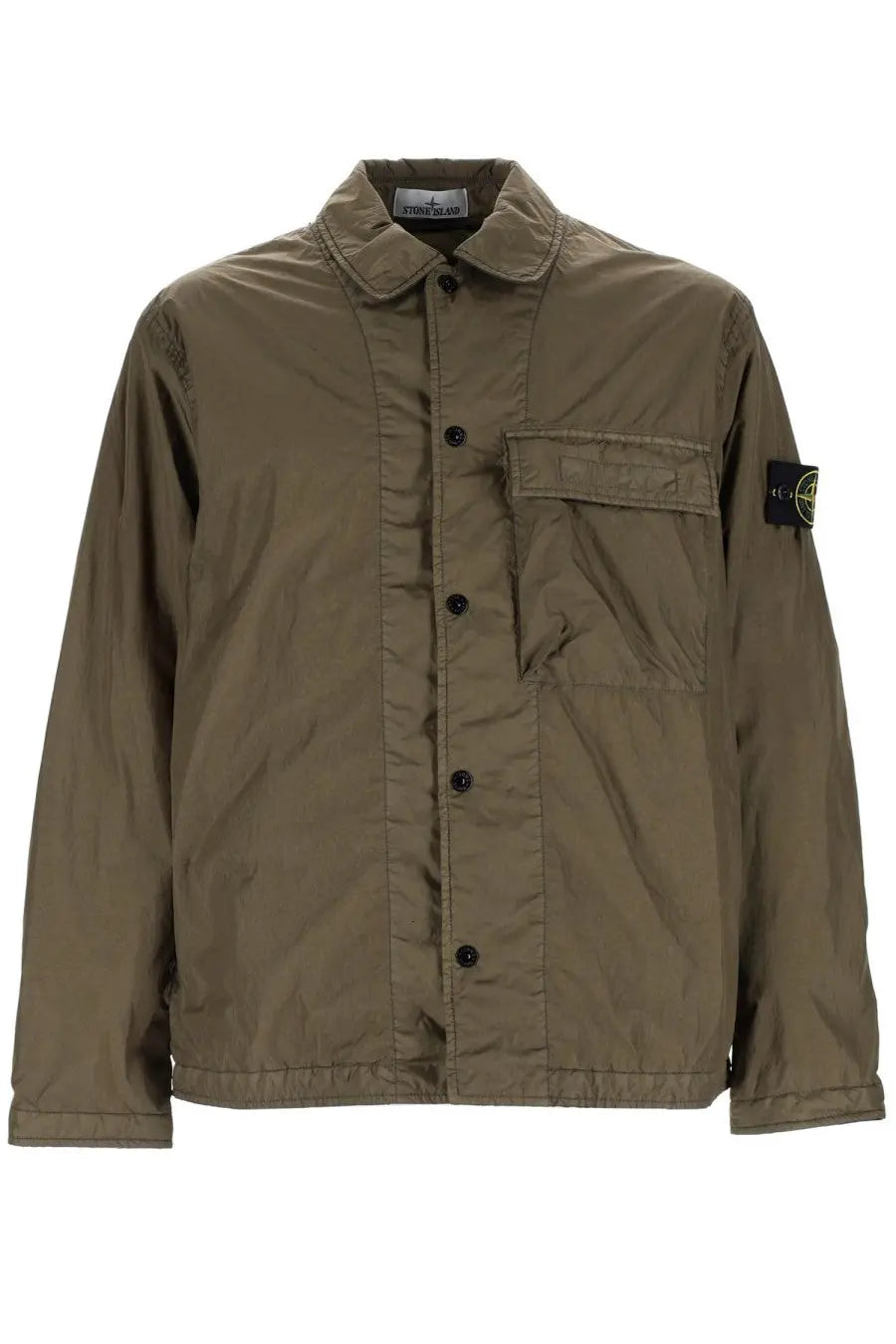 Stone Island men’s olive green cotton padded overshirt with chest pocket and black logo patch on sleeve