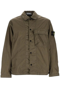 Stone Island men’s olive green cotton padded overshirt with chest pocket and black logo patch on sleeve