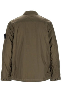 Stone Island men’s padded overshirt in olive green nylon with subtle sheen and reinforced stitching along seams