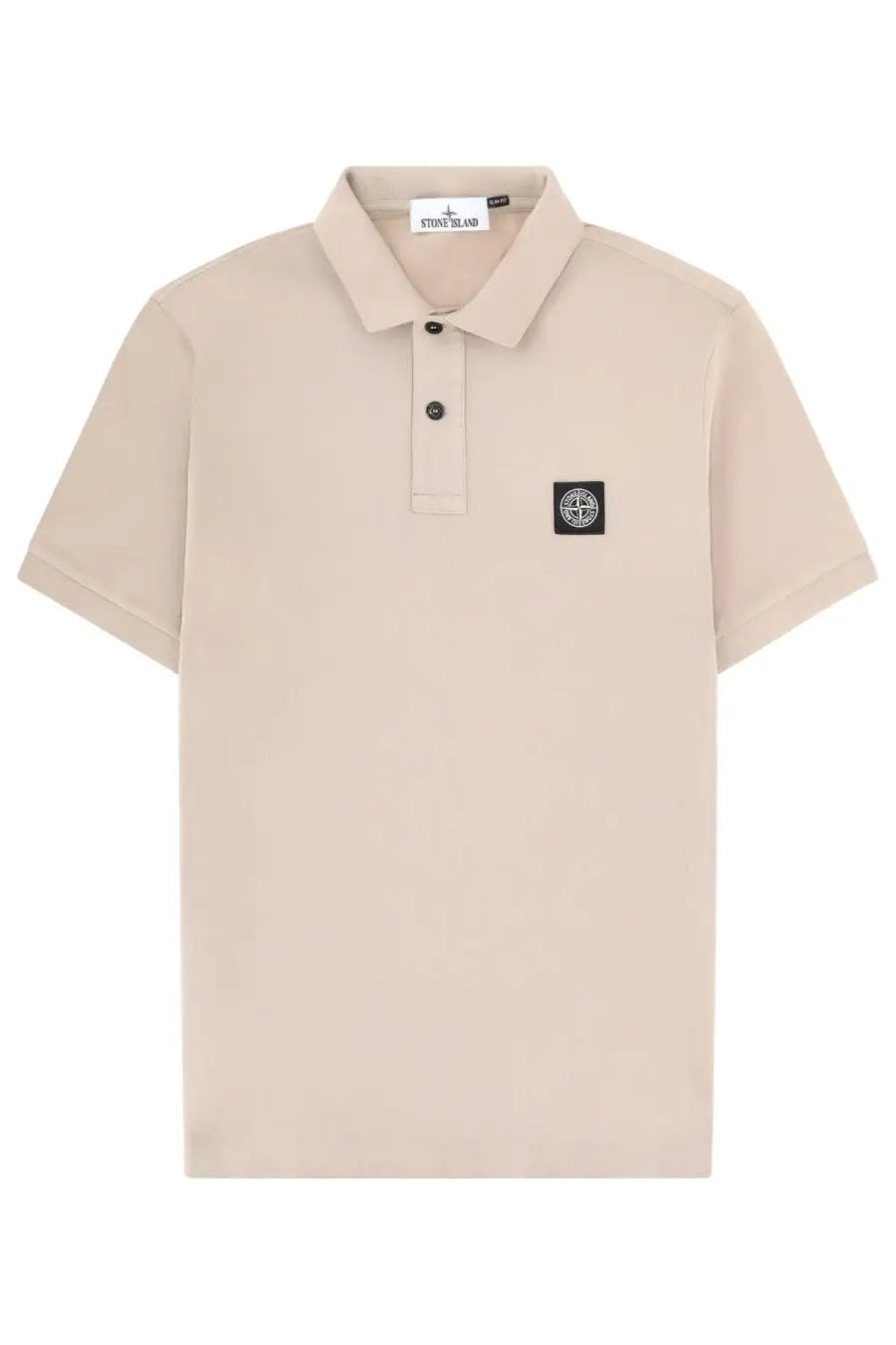 Beige stone island men’s polo shirt with black logo patch on chest and dark buttons made from soft cotton