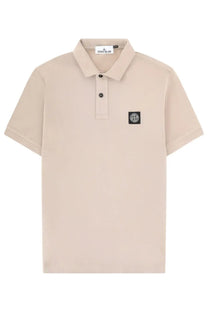 Beige stone island men’s polo shirt with black logo patch on chest and dark buttons made from soft cotton