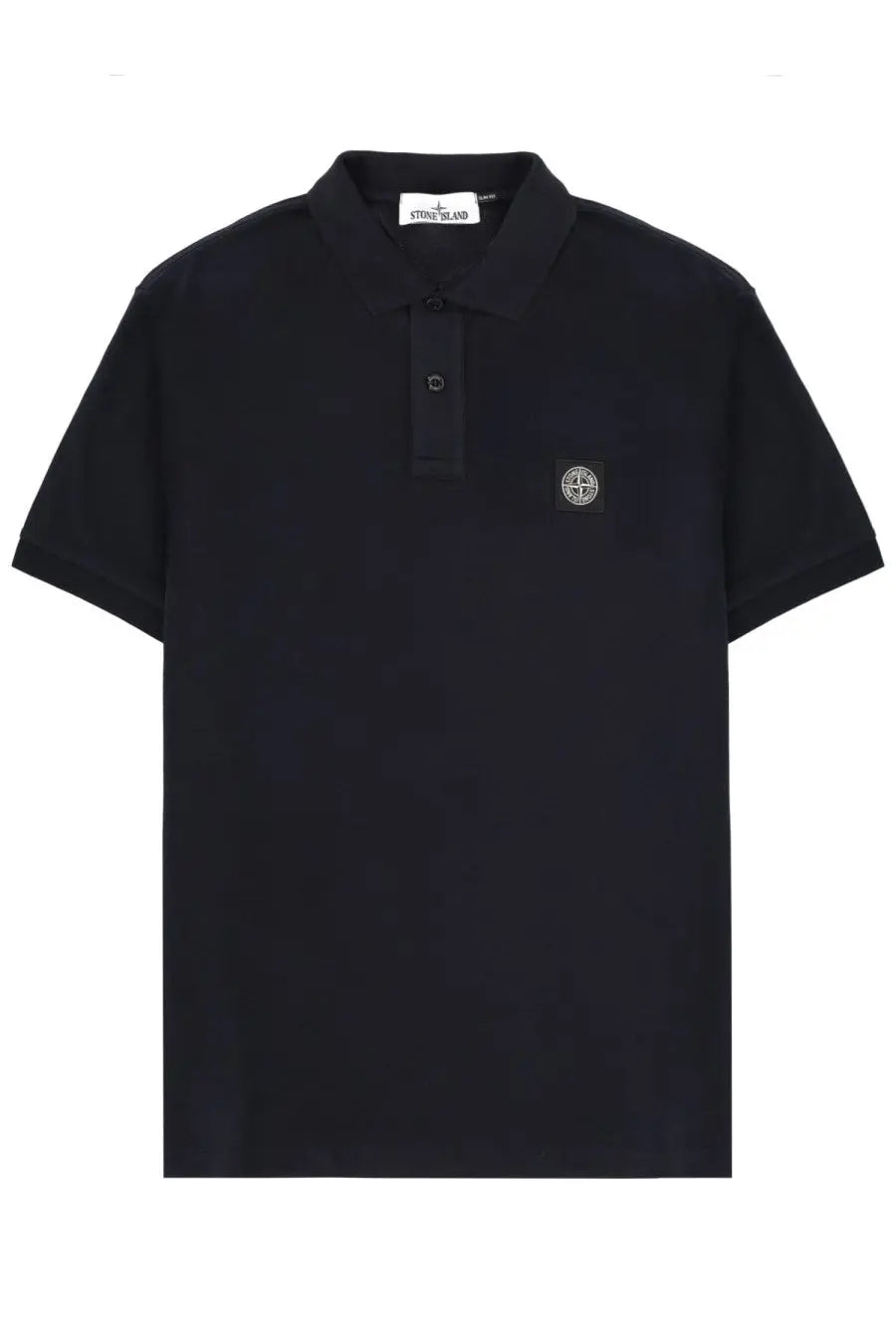 Stone Island men’s polo blue with subtle textured black stone fabric and small embroidered chest logo