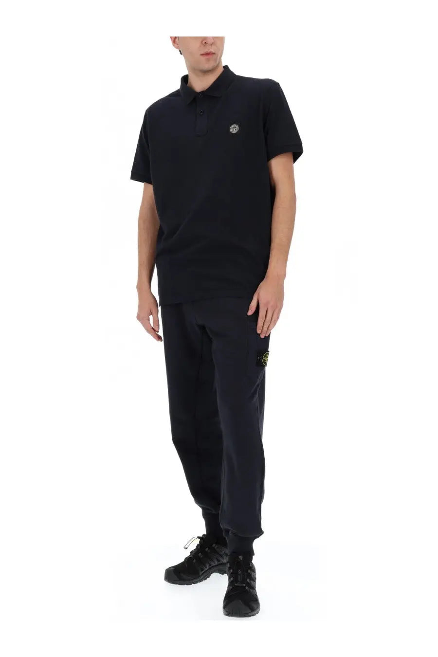 Stone island men’s black polo shirt with subtle embroidered logo on chest in soft breathable fabric