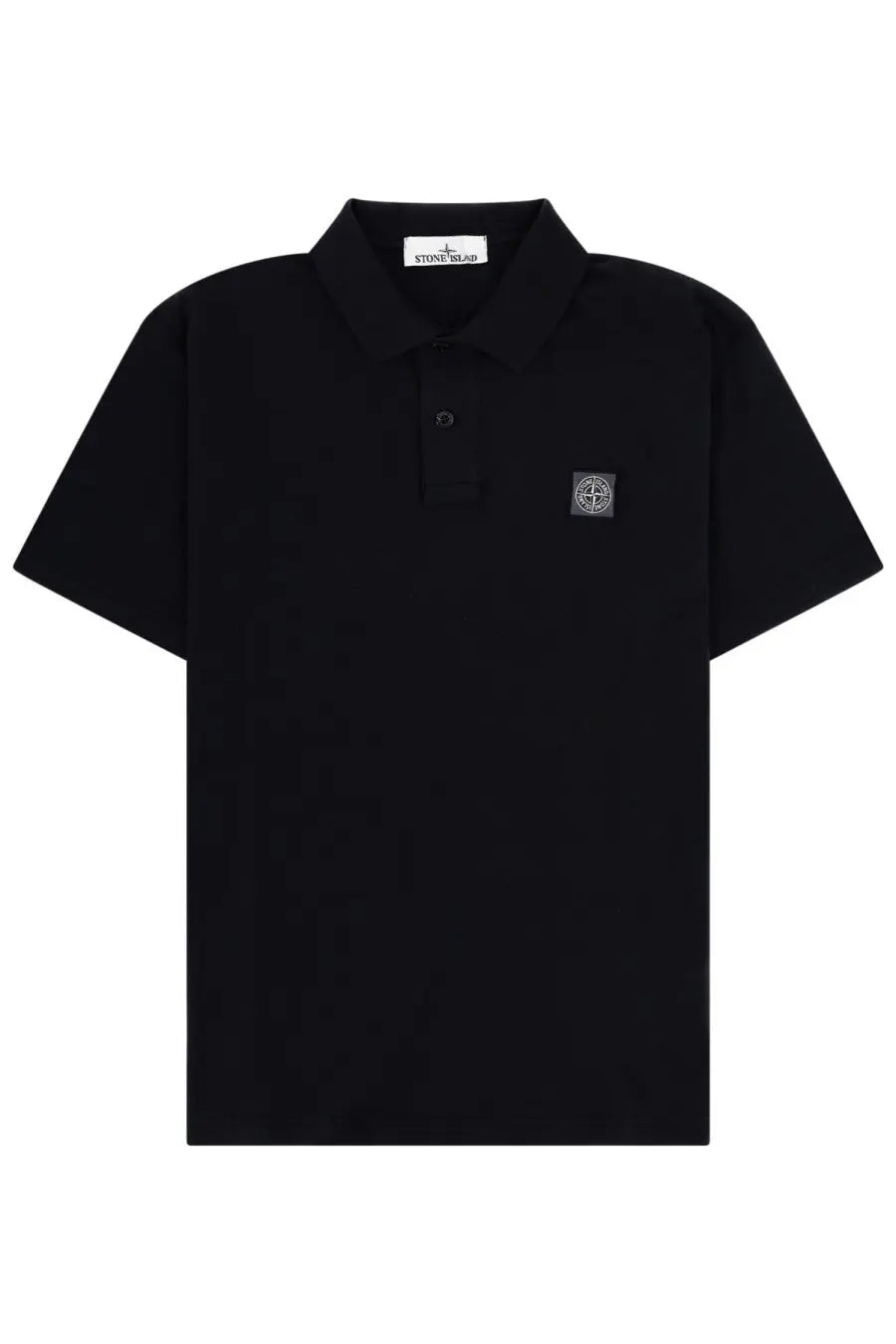 Stone Island men’s black polo shirt with subtle textured fabric and small embroidered logo on left chest