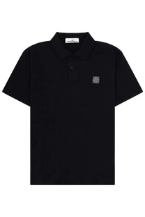 Stone Island men’s black polo shirt with subtle textured fabric and small embroidered logo on left chest