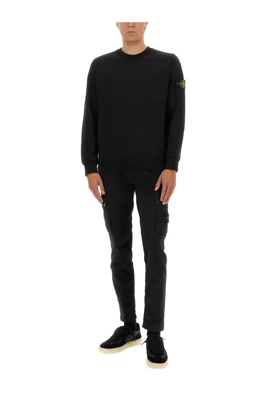 Stone island men’s regular fit black sweatshirt with long sleeves and neon yellow logo on the left sleeve