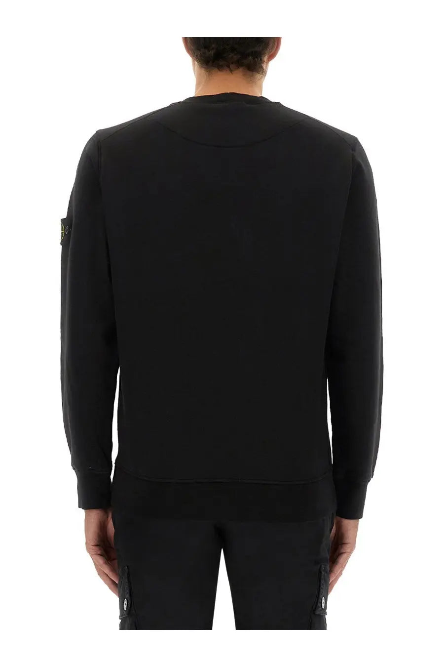 Stone Island men’s regular fit black sweatshirt with ribbed crew neck cuffs and logo patch on left sleeve