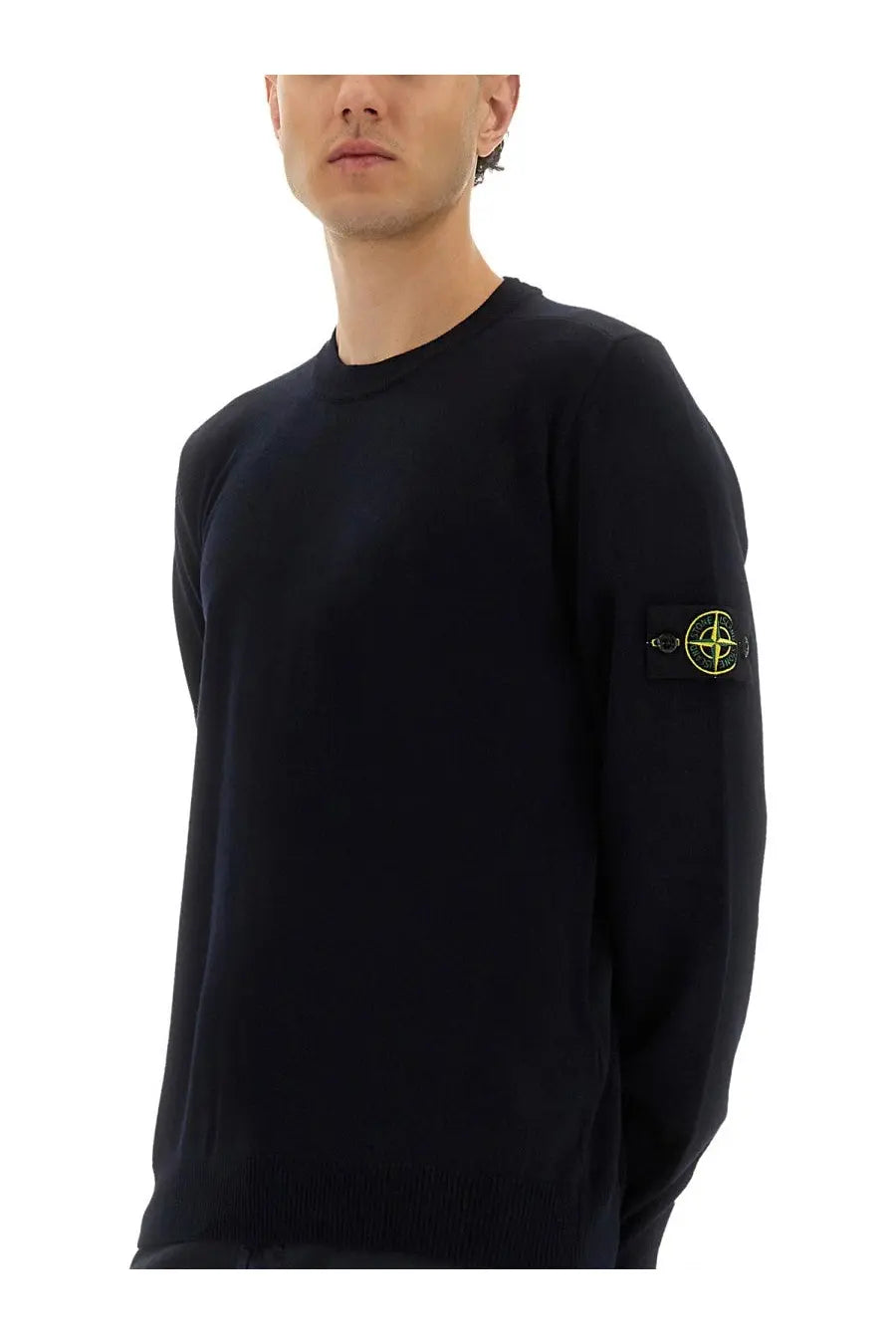 Stone island men’s rws lightweight wool black crewneck sweater with yellow logo patch on left sleeve