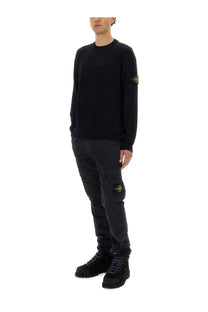 Stone Island men’s Rws lightweight wool crewneck sweater in black with a subtle yellow logo patch on the left sleeve
