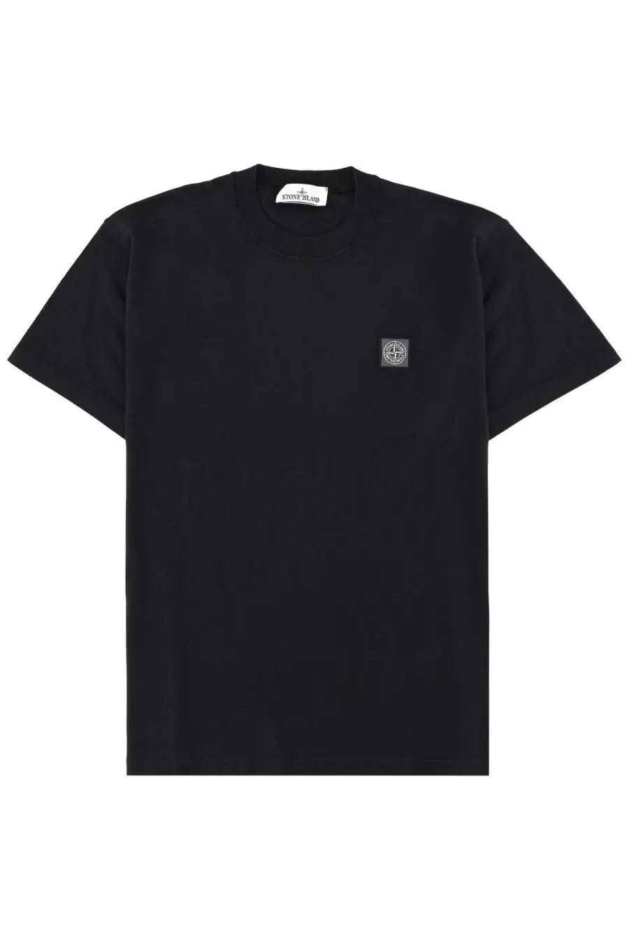 Stone Island men’s black short-sleeved t-shirt with subtle embroidered logo on left chest and branded collar tag