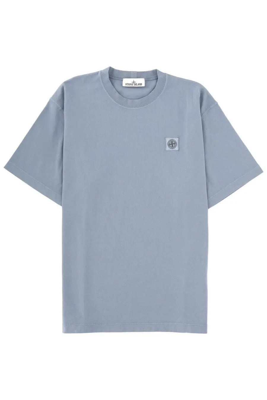 Stone Island men’s light blue short-sleeved shirt with subtle textured fabric and small embroidered logo patch on chest
