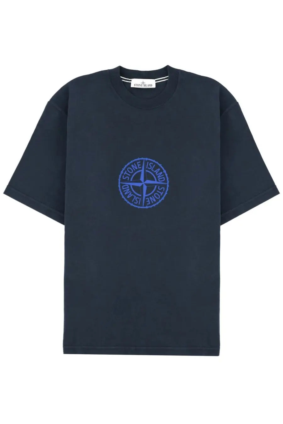 Stone Island men’s dark navy t-shirt with blue embroidered compass logo on chest in con blue color