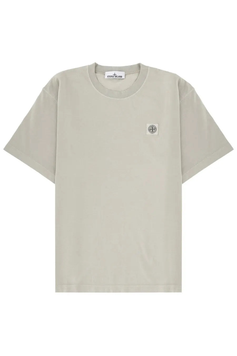 Beige stone island men’s t-shirt with subtle logo patch on the chest in grey stone material