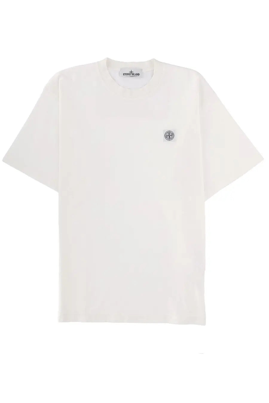 Stone Island men’s white t-shirt with minimalist design featuring embroidered compass logo on left chest and neckline label