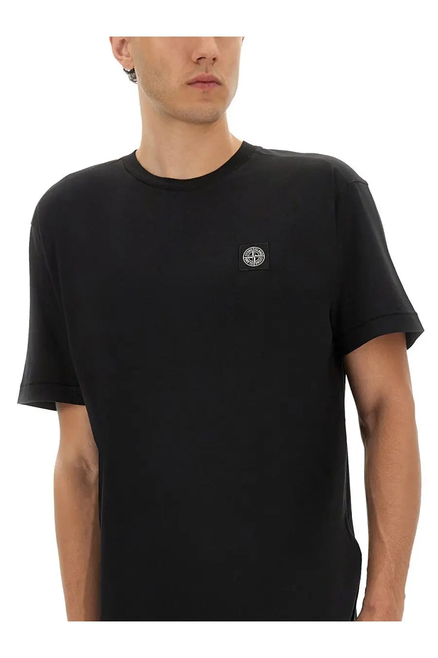 Stone Island men’s slim fit black short-sleeved t-shirt with small square embroidered logo on left chest