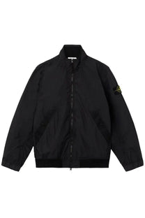 Stone Island men’s stiff collar black bomber jacket with front zipper and yellow logo patch on left sleeve