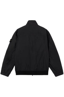 Stone island men’s stiff collar black nylon bomber jacket with subtle texture and small logo patch on left sleeve