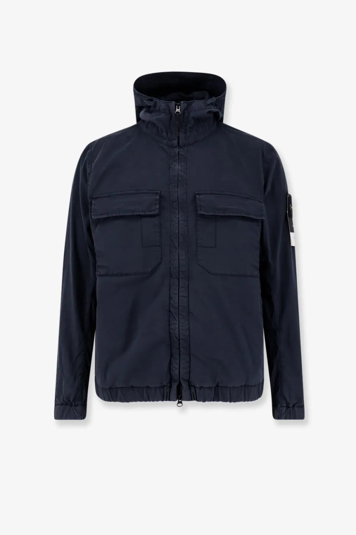 Stone Island men’s dark navy blue stretch cotton twill hooded jacket with front flap pockets and sleeve brand patch